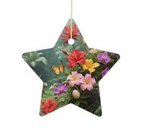 2.7 Inch Ceramic Christmas Star Ornament - Vibrant Color Flower Blossom Double-Sided Printed Porcelain Tree Hanging Decor with Gold String, Vintage Holiday Decoration for Xmas Tree, Mantel, Gift