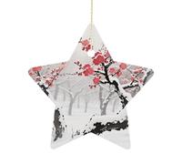 2.7 Inch Ceramic Christmas Star Ornament - Winter Plum Grove Double-Sided Printed Porcelain Tree Hanging Decor with Gold String, Vintage Holiday Decoration for Xmas Tree, Mantel, Gift