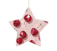 2.7 Inch Ceramic Christmas Star Ornament - with Cherry Pattern Double-Sided Printed Porcelain Tree Hanging Decor with Gold String, Vintage Holiday Decoration for Xmas Tree, Mantel, Gift