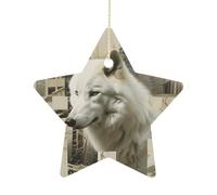 2.7 Inch Ceramic Christmas Star Ornament - Wolves and Their Home Double-Sided Printed Porcelain Tree Hanging Decor with Gold String, Vintage Holiday Decoration for Xmas Tree, Mantel, Gift