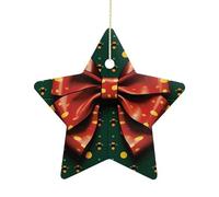 2.7 Inch Ceramic Christmas Star Ornament - Wrapping Paper with Bow Double-Sided Printed Porcelain Tree Hanging Decor with Gold String, Vintage Holiday Decoration for Xmas Tree, Mantel, Gift