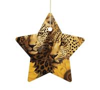 2.7 Inch Ceramic Christmas Star Ornament - Yellow Sunflowers and Leopard Double-Sided Printed Porcelain Tree Hanging Decor with Gold String, Vintage Holiday Decoration for Xmas Tree, Mantel, Gift