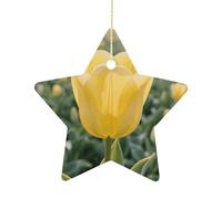 2.7 Inch Ceramic Christmas Star Ornament - Yellow Tulip Double-Sided Printed Porcelain Tree Hanging Decor with Gold String, Vintage Holiday Decoration for Xmas Tree, Mantel, Gift