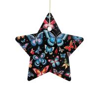 2.7 Inch Ceramic Christmas Star Ornament - Zeeland Butterfly Double-Sided Printed Porcelain Tree Hanging Decor with Gold String, Vintage Holiday Decoration for Xmas Tree, Mantel, Gift