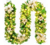 2.7M(9ft) Christmas Garland Decorations, Christmas Garland with LED Lights, Artificial Christmas Decoration Garland for Fireplaces, Stairs, Interior Decoration, Christmas Ornament Decoration(gold)