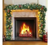 2.7M/9FT Christmas Garland for Fireplace, Christmas Garland with Lights, Decorative Garland Wreath with Snow, Pinecones and Berries for Fireplace Stair Door Xmas Tree Garden Yard Holiday Decor