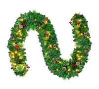 2.7M/9FT Christmas Garland with Lights, Christmas Garlands for Fireplace Stairs Artificial Wreath with 50 LED Lights and Pine Cones Berries for Xmas Tree Front Door Home Holiday Decor