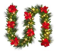 2.7M Christmas Garland, Artificial Xmas Garland with LED Lights & Flowers & Balls, Reusable Christmas Wreath, Xmas Garland for Decorating Stairs Fireplaces Front Door Home Holiday Decor