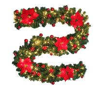 2.7M Pre-Lit Christmas Garland Decorations with 50 leds Light, Realistic Fireplaces Stairs Decorated Garlands Artificial Wreath Garland with Baubles for Xmas Tree Garden Yard Décor