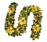 2.7M Pre-Lit Christmas Garland with 50 LEDs Light, Realistic Decorated Garlands for Fireplaces Stairs Artificial Wreath Garland with Baubles Flowers for Xmas Tree Garden Yard Decor