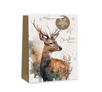 2 APCK Tallon Gift Bag with Stag Design, 100% Recyclable, Foil Finish with Gold Gift Tag, Perfect for Presents and Gifts for Christmas WATER COLOUR STAG MIDIUM & LARGE