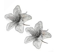 2 Artificial Christmas Flowers with Glittered Fabric for Holiday For Tree, Wreath and Wedding Decoration Set (Silver)