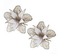 2 Artificial Christmas Flowers with Glittered Fabric for Holiday For Tree, Wreath and Wedding Decoration Set (Light Warm Gold)