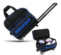 2 ball bowling bag with wheels,Rolling Double Bowling Ball Bag with Shoe Compartment Up to Men Size 16 Bowling Roller Bags 2 Ball & Oversized Accessory Pocket, Reinforced Handle - Extends to 39.5"