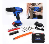 (2 Batteries) Cordless Drill 21V with 26 Drill Bits Electric Drill Driver Low Noise 18+1 Keyless Clutch 2 Speed Driver with LED Light