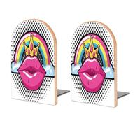 2 Bookends Red Lips Rainbow Thickened Bookends s Wooden Storage Bookshelf, Suitable For Home, Office, Study Room, School, Library