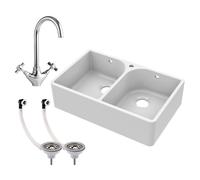 2 Bowl Fireclay Belfast Sink Tap Hole Full Wier Waste Mono Mixer Tap Balterley White One Size