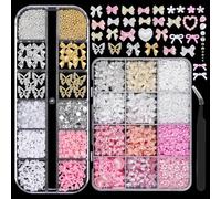 2 Boxes 3D Bow Nail Charms and Gems, Pink White Bows Flowers Heart Petals Nail Art Charms Gold Silver Alloy Bowknot Butterfly for Nails Flatback Pearls Rhinestones Caviar Beads for Women Nail Design