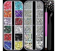 2 Boxes Flatback Glass and Resin Rhinestones with Tweezers and Brush Kit, Sparkling 1.5-6mm Clear & AB Flatback Crystal Gems, 2-5mm Mixed Size Resin Rhinestones for Face Makeup Manicure Crafts(9-K2)