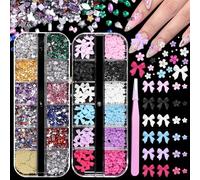 2 Boxes Flower Bow Nail Charms for Acrylic Nail, Mini Flat Back Nails Gems, Heart Star Flower Tiny Colorful Resin Diamonds Gems Jewels Kit for Nails Art and Crafting