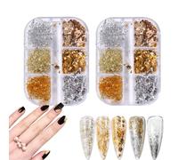 2 Boxes Foil Nail Art Chip Glitter,Metallic Gold Silver Nail Paillette Glitter Foil,HOINCO 12 PCS Nail Art Foil Foil Flakes Nail DIY Accessories for Party Festival