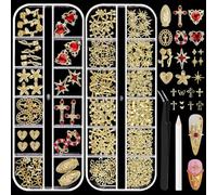 2 Boxes Gold Nail Art Charms, 3D Flower Butterfly Cross Nail Gems And Charms For Nails Design Flatback Metallic Heart Star Nail Jewelry Rhinestones Nail Supplies With Tweezers For Women Diy Craft