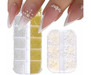 2 Boxes Nail Art Pearls Flatback - Gold Silver Caviar Beads 3D Steel Metal Charms Half Round Pearl Rhinestone Luxurious Design Decoration DIY Manicure Accessory