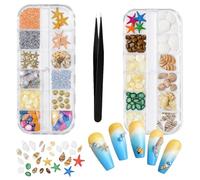 2 Boxes of Assorted Ocean Themed Nail Charms for Decorating Fingernails | Sea Shells and Starfish Style Nail Accessories | Jewels for your Nails | Colourful Bling Rhinestones | Tweezers Included!