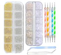 2 Boxes of Caviar Beads for Nails, Rhinestones for Nails, Flat Back Nail Jewels, Gold Rhinestones with Rhinestone Picker and Tweezers, for Nail Art Design