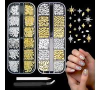 2 Boxes Star Nail Charms, Nail Gems, Delicate Luster, Not Easy to Change Color, Not Easy to Bend, Easy to Create Stunning Diy Designs(Gold, Silver)with 1 Drill Pen and 1 Tweezers