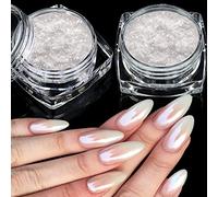 2 Boxes White Pearl Chrome Nail Powder - Transparent Clear Ice Shimmer Chrome Pigment Powder for Nails, Glazed Donut Inspired Nails Mirror Effect Glitters Nail Art Powder for DIY Salon