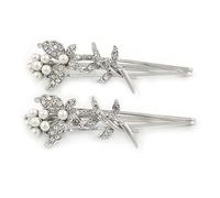 2 Bridal/Prom Clear Crystal, White Glass Pearl Butterfly Hair Grips/Slides In Rhodium Plating - 70mm L