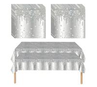 2 Bright Silver Party Tablecloths And 20 Paper Towels, 137X274Cm Large Coverage, Waterproof, Oil-Proof And Wash-Free, Festive Atmosphere Decoration, Universal For Weddings And Birthday Dinners.