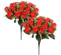 2 Bundles Cemetery Flowers for Grave 24 Heads Grave Flowers 15.8'' Realistic Fake Rose Outdoor Artificial Flowers for Grave Decorations Red, Grave Flowers