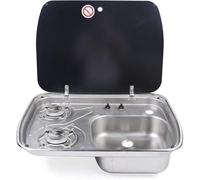 2 Burner RV Gas Cooktop with Stainless Steel Sink and Glass Cover for Outdoor Camping, Motorhome, Caravan - LPG Compatible