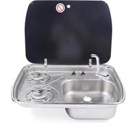 2 Burner RV Gas Cooktop with Stainless Steel Sink and Glass Cover for Outdoor Camping, Motorhome, Caravan - LPG Compatible