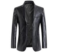 2 Buttons Leather Suits Blazer Jacket Casual Daily Single Breasted Lapel Collar Suit Coat Mens Business Office Blazer,Black,XXL