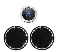 2 Car Cup Holder Coaster and 1 Crystal Rhinestone Engine Push Start Stop Button Cover Decoration, Interior Accessories for Women, Sticker Bling Ignition Ring