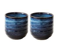 2 Ceramic Coffee Cups, Japanese Tea Set, Yerba Mate Cup | Cat Eye Blue Glaze, Microwave Safe, Dishwasher Safe, Stackable Design, Home and Office Use, Gift Set