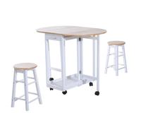 2 Chair Dining Set White 3PC Wooden Kitchen Cart Mobile Rolling Trolley Folding Bar Table Two Stools Chair Storage Shelf With 2 Drawers & 6 Wheels - H