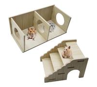 2-Chamber Hamster Tunnel & Wooden Climbing Ladder Bridge,Wooden Hamster Hideout with Ladder for Dwarf Syrian Hamsters Gerbils Mice or Other Small Pets