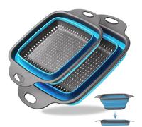 2 Collapsible Silicone Colander, Foldable Pasta Strainer, Space Saving Kitchen Sieve for Washing Veggies & Fruit, BPA Free Drain Basket for Camping, Caravan, Small Kitchen (Blue)