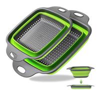 2 Collapsible Silicone Colander, Foldable Pasta Strainer, Space Saving Kitchen Sieve for Washing Veggies & Fruit, BPA Free Drain Basket for Camping, Caravan, Small Kitchen (Green)