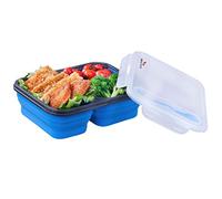 2-Compartment Collapsible Silicone Bento Lunch Box with Cutlery | BPA-Free | Space-Saving | Air-Tight | Leak Proof | Microwave & Dishwasher Safe | Original Home Gems Lunch Boxes | Blue