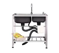 2 Compartment Commercial Sink, Stainless Steel Double Bowl Kitchen Sink with Shelf & Faucet, Freestanding Utility Sink, Hand Washing Basin for Restaurant, Garage, Cafe, Outoor