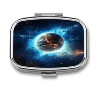 2 Compartment Decorative Metal Small Pill Case for Pocket Or Purse | Blue Earth In The Space Pill Box Portable Medicine Box Travel Square Pill Container Organizer for Vitamins Fish Oils