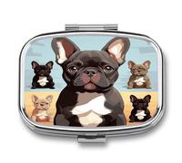 2 Compartment Decorative Metal Small Pill Case for Pocket Or Purse | French Bulldog Dog Cute Pill Box Portable Medicine Box Travel Square Pill Container Organizer for Vitamins Fish Oils