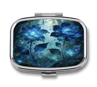 2 Compartment Decorative Metal Small Pill Case for Pocket Or Purse | Pandora's Blue Botanicals Pill Box Portable Medicine Box Travel Square Pill Container Organizer for Vitamins Fish Oils