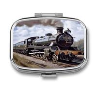2 Compartment Decorative Metal Small Pill Case for Pocket Or Purse | Steam Locomotive Train Pill Box Portable Medicine Box Travel Square Pill Container Organizer for Vitamins Fish Oils