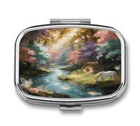 2 Compartment Decorative Metal Small Pill Case for Pocket Or Purse | Valley of The Immortals Pill Box Portable Medicine Box Travel Square Pill Container Organizer for Vitamins Fish Oils